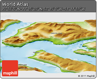 Physical 3D Map of the Area around 71° 5' 42" N, 51° 46' 29" W