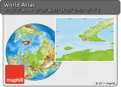 Physical Location Map of the Area around 71° 5' 42" N, 52° 46' 29" E