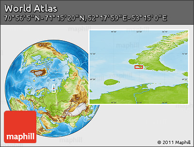 Physical Location Map of the Area around 71° 5' 42" N, 52° 46' 29" E