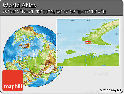 Physical Location Map of the Area around 71° 5' 42" N, 52° 46' 29" E