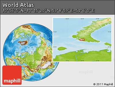 Physical Location Map of the Area around 71° 5' 42" N, 53° 37' 30" E