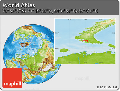 Physical Location Map of the Area around 71° 5' 42" N, 53° 37' 30" E