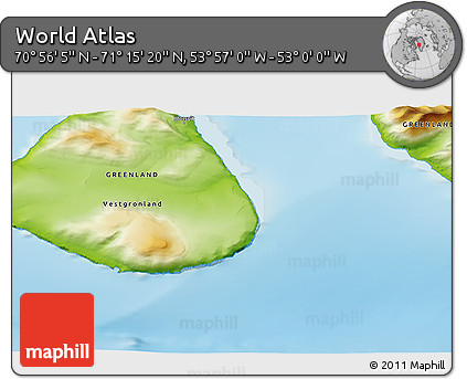 Physical 3D Map of the Area around 71° 5' 42" N, 53° 28' 30" W