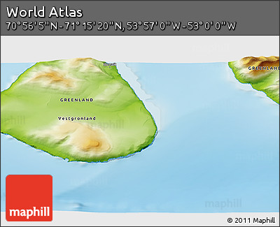 Physical 3D Map of the Area around 71° 5' 42" N, 53° 28' 30" W