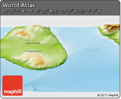 Physical 3D Map of the Area around 71° 5' 42" N, 53° 28' 30" W