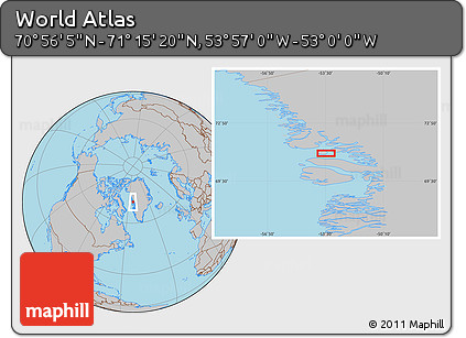 Gray Location Map of the Area around 71° 5' 42" N, 53° 28' 30" W