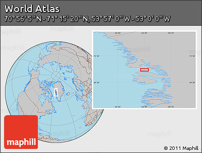 Gray Location Map of the Area around 71° 5' 42" N, 53° 28' 30" W