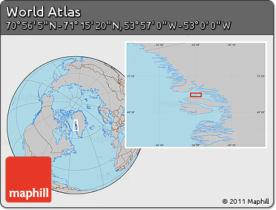 Gray Location Map of the Area around 71° 5' 42" N, 53° 28' 30" W