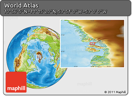Physical Location Map of the Area around 71° 5' 42" N, 53° 28' 30" W