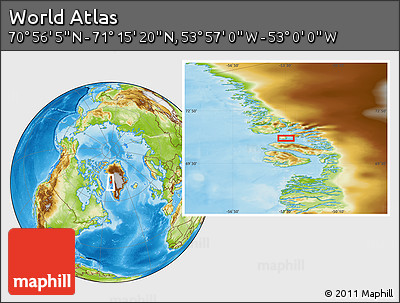 Physical Location Map of the Area around 71° 5' 42" N, 53° 28' 30" W