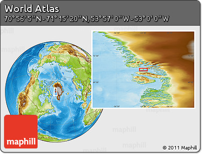 Physical Location Map of the Area around 71° 5' 42" N, 53° 28' 30" W