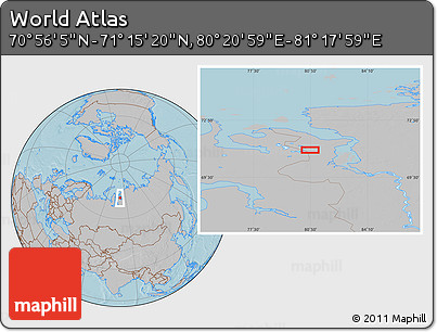 Gray Location Map of the Area around 71° 5' 42" N, 80° 49' 29" E, hill shading