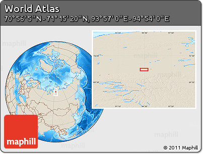Shaded Relief Location Map of the Area around 71° 5' 42" N, 94° 25' 30" E