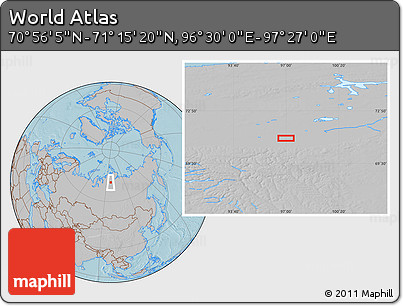 Gray Location Map of the Area around 71° 5' 42" N, 96° 58' 29" E, hill shading