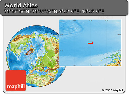 Physical Location Map of the Area around 71° 22' 52" N, 10° 16' 30" E