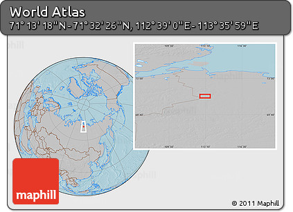 Gray Location Map of the Area around 71° 22' 52" N, 113° 7' 30" E, hill shading