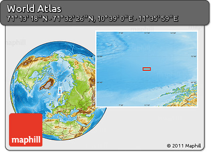 Physical Location Map of the Area around 71° 22' 52" N, 11° 7' 30" E