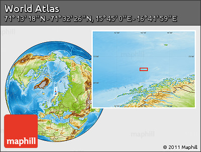 Physical Location Map of the Area around 71° 22' 52" N, 16° 13' 30" E