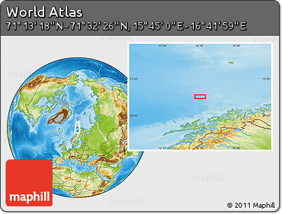 Physical Location Map of the Area around 71° 22' 52" N, 16° 13' 30" E
