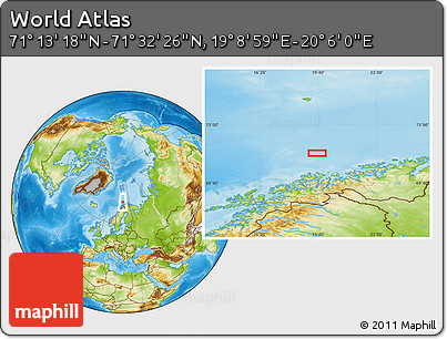Physical Location Map of the Area around 71° 22' 52" N, 19° 37' 30" E