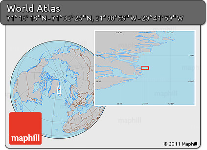 Gray Location Map of the Area around 71° 22' 52" N, 21° 10' 29" W