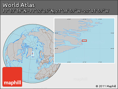 Gray Location Map of the Area around 71° 22' 52" N, 21° 10' 29" W
