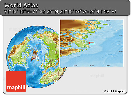 Physical Location Map of the Area around 71° 22' 52" N, 21° 10' 29" W