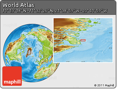 Physical Location Map of the Area around 71° 22' 52" N, 21° 10' 29" W