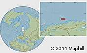 Savanna Style Location Map of the area around 71° 22' 52" N, 22° 10' 29" E, hill shading