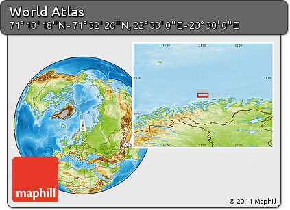 Physical Location Map of the Area around 71° 22' 52" N, 23° 1' 29" E