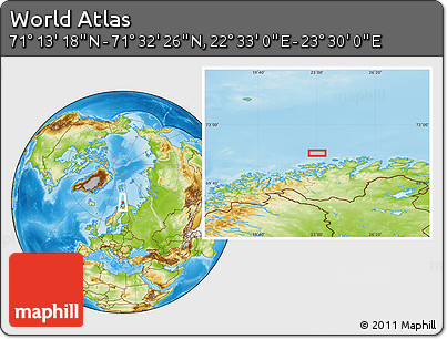 Physical Location Map of the Area around 71° 22' 52" N, 23° 1' 29" E