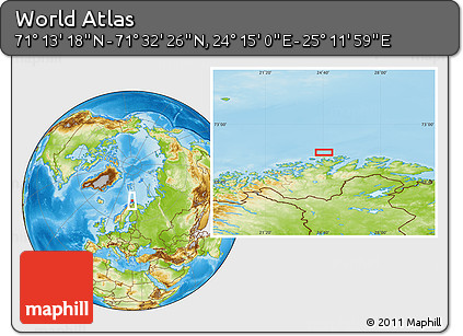 Physical Location Map of the Area around 71° 22' 52" N, 24° 43' 30" E