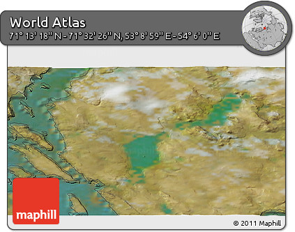 Satellite 3D Map of the Area around 71° 22' 52" N, 53° 37' 30" E