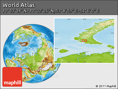 Physical Location Map of the Area around 71° 22' 52" N, 53° 37' 30" E