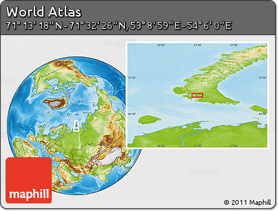 Physical Location Map of the Area around 71° 22' 52" N, 53° 37' 30" E