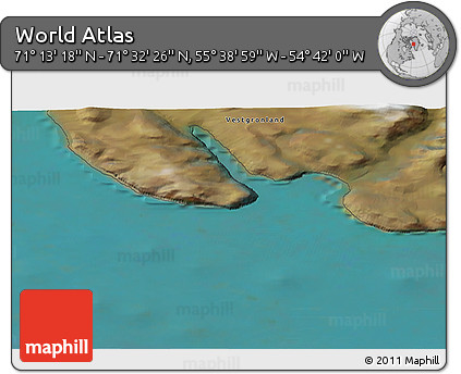 Satellite 3D Map of the Area around 71° 22' 52" N, 55° 10' 29" W