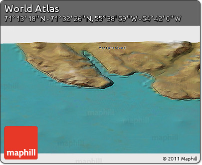 Satellite 3D Map of the Area around 71° 22' 52" N, 55° 10' 29" W