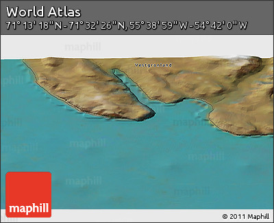 Satellite 3D Map of the Area around 71° 22' 52" N, 55° 10' 29" W