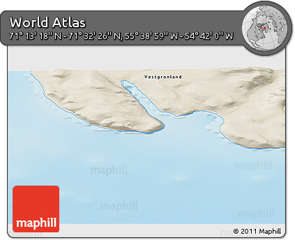Shaded Relief 3D Map of the Area around 71° 22' 52" N, 55° 10' 29" W