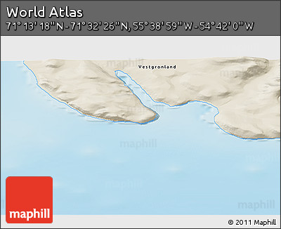 Shaded Relief 3D Map of the Area around 71° 22' 52" N, 55° 10' 29" W