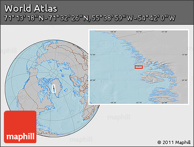 Gray Location Map of the Area around 71° 22' 52" N, 55° 10' 29" W, hill shading