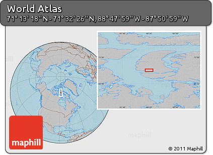 Gray Location Map of the Area around 71° 22' 52" N, 88° 19' 29" W, hill shading
