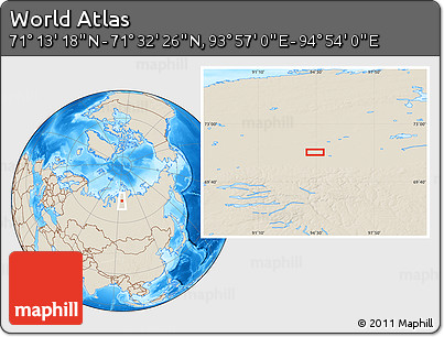 Shaded Relief Location Map of the Area around 71° 22' 52" N, 94° 25' 30" E
