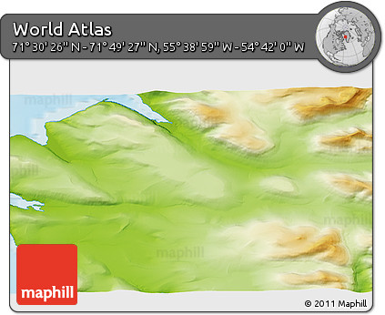 Physical 3D Map of the Area around 71° 39' 56" N, 55° 10' 29" W