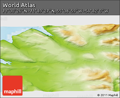 Physical 3D Map of the Area around 71° 39' 56" N, 55° 10' 29" W