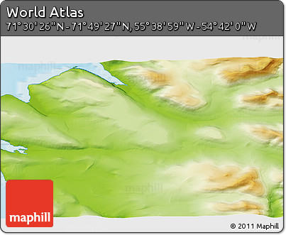 Physical 3D Map of the Area around 71° 39' 56" N, 55° 10' 29" W