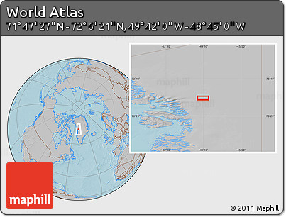 Gray Location Map of the Area around 71° 56' 54" N, 49° 13' 30" W, hill shading