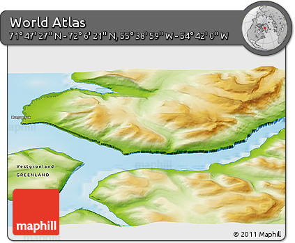 Physical 3D Map of the Area around 71° 56' 54" N, 55° 10' 29" W
