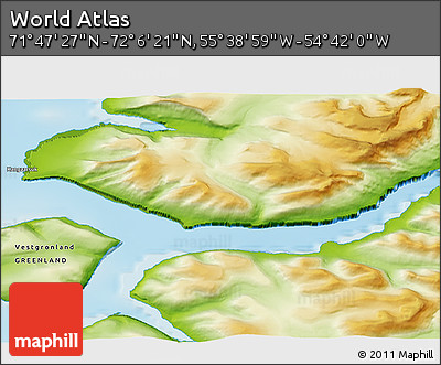 Physical 3D Map of the Area around 71° 56' 54" N, 55° 10' 29" W