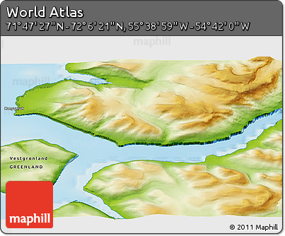 Physical 3D Map of the Area around 71° 56' 54" N, 55° 10' 29" W
